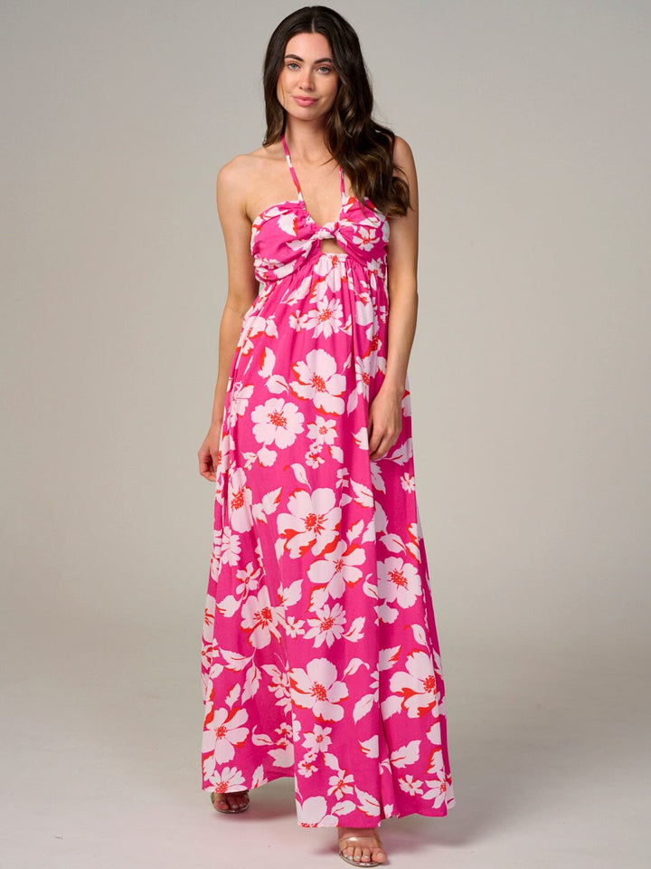 WOMEN'S SLEEVELESS HALTER NECK CUT OUT FLORAL MAXI DRESS