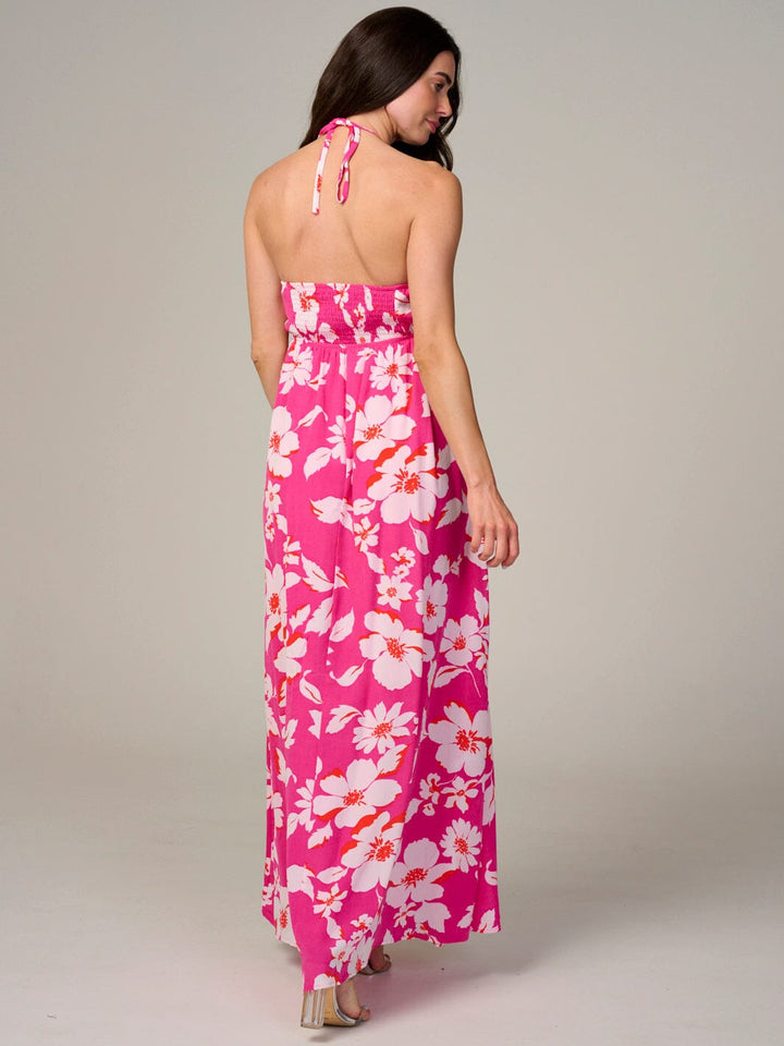 WOMEN'S SLEEVELESS HALTER NECK CUT OUT FLORAL MAXI DRESS