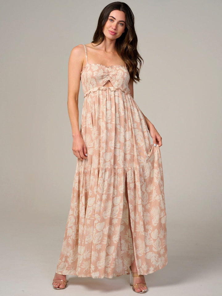WOMEN'S SLEEVELESS SMOCK CUT OUT LEAF PRINT MAXI DRESS