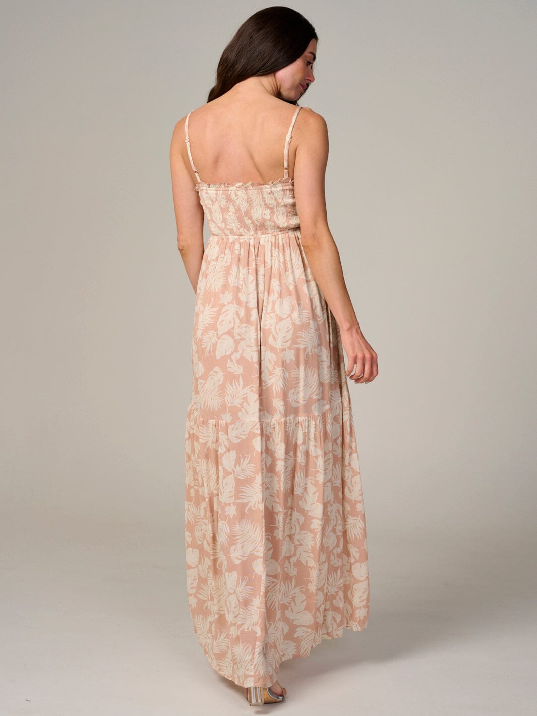 WOMEN'S SLEEVELESS SMOCK CUT OUT LEAF PRINT MAXI DRESS