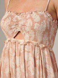 WOMEN'S SLEEVELESS SMOCK CUT OUT LEAF PRINT MAXI DRESS