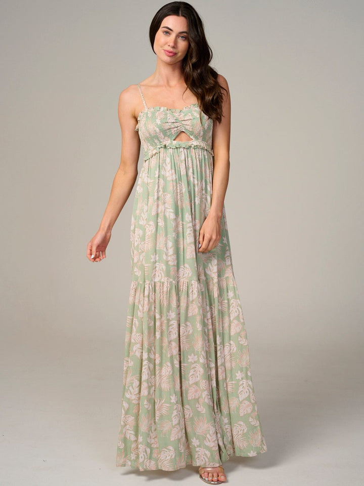 WOMEN'S SLEEVELESS SMOCK CUT OUT LEAF PRINT MAXI DRESS
