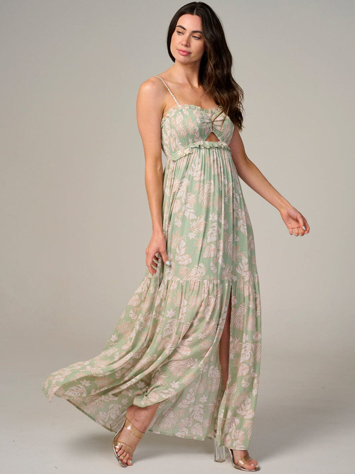WOMEN'S SLEEVELESS SMOCK CUT OUT LEAF PRINT MAXI DRESS