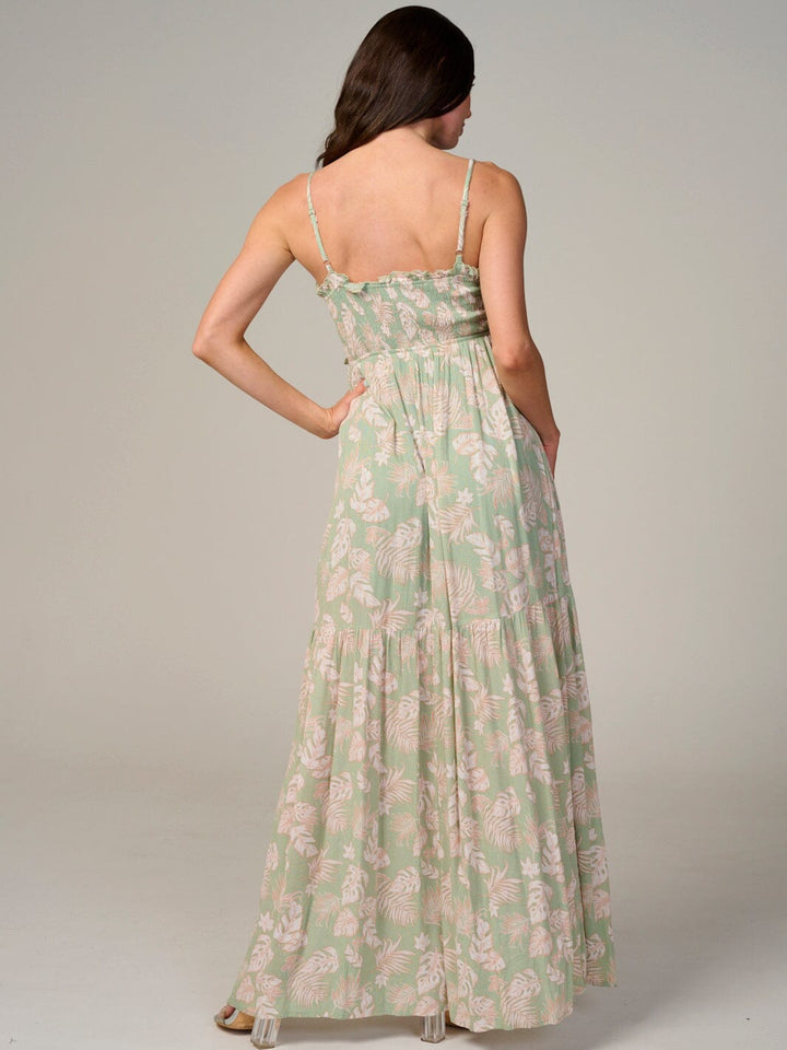 WOMEN'S SLEEVELESS SMOCK CUT OUT LEAF PRINT MAXI DRESS