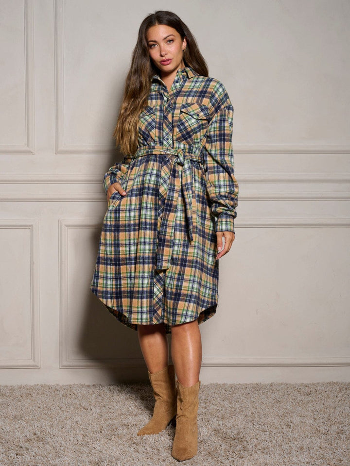 WOMEN'S LONG SLEEVE BUTTON UP SELF TIE PLAID MIDI DRESS