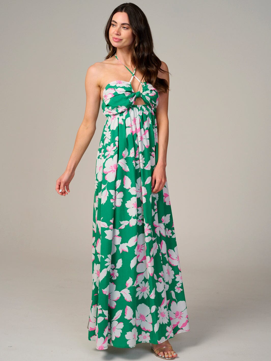 WOMEN'S SLEEVELESS HALTER NECK CUT OUT FLORAL MAXI DRESS