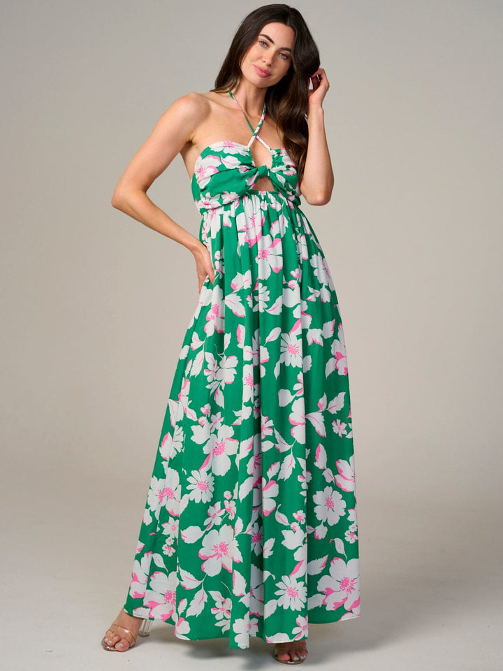 WOMEN'S SLEEVELESS HALTER NECK CUT OUT FLORAL MAXI DRESS