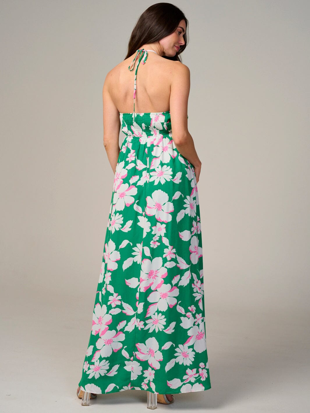 WOMEN'S SLEEVELESS HALTER NECK CUT OUT FLORAL MAXI DRESS