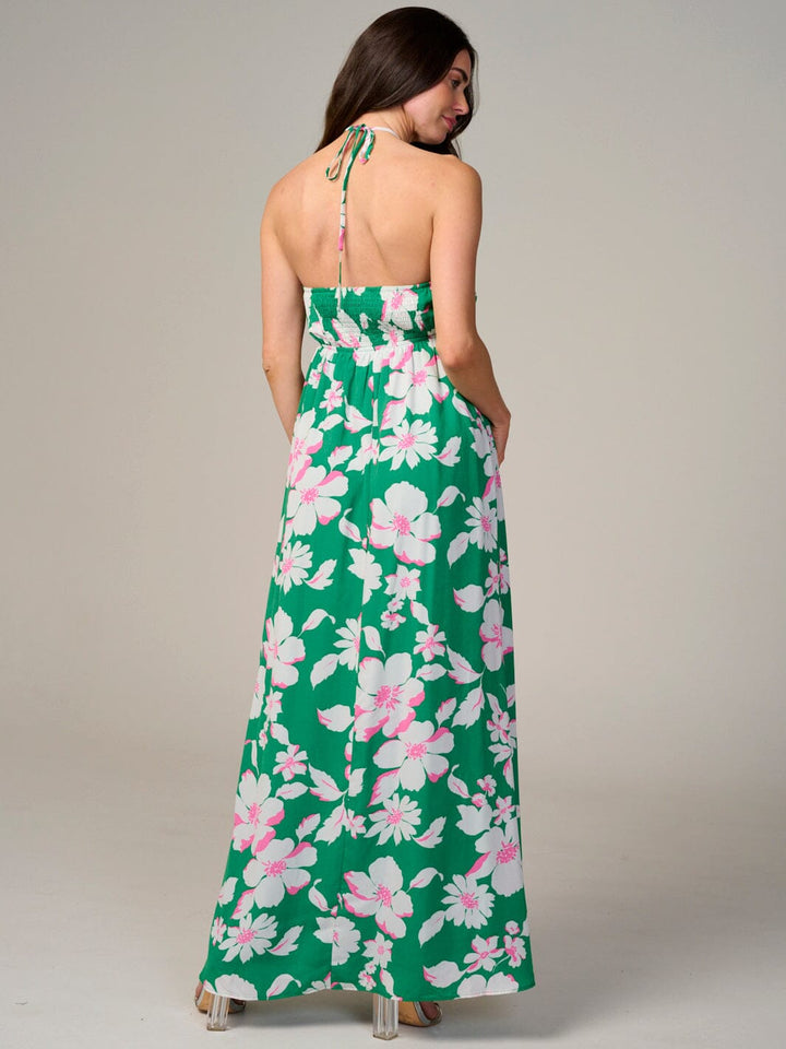 WOMEN'S SLEEVELESS HALTER NECK CUT OUT FLORAL MAXI DRESS