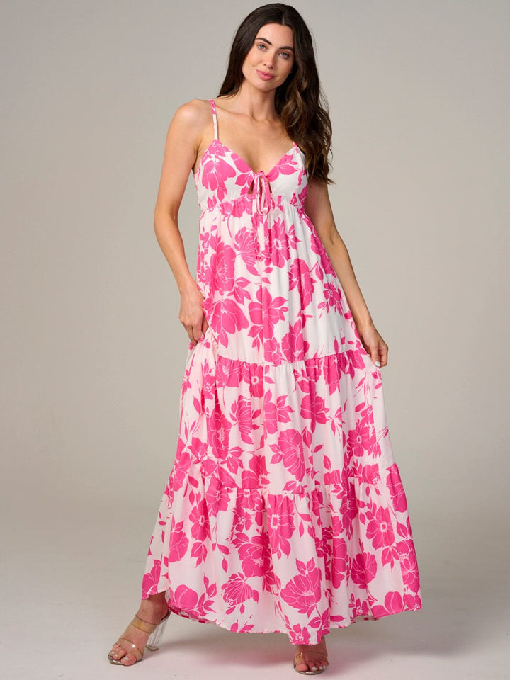 WOMEN'S SLEEVELESS V-NECK TIERED FLORAL MAXI DRESS