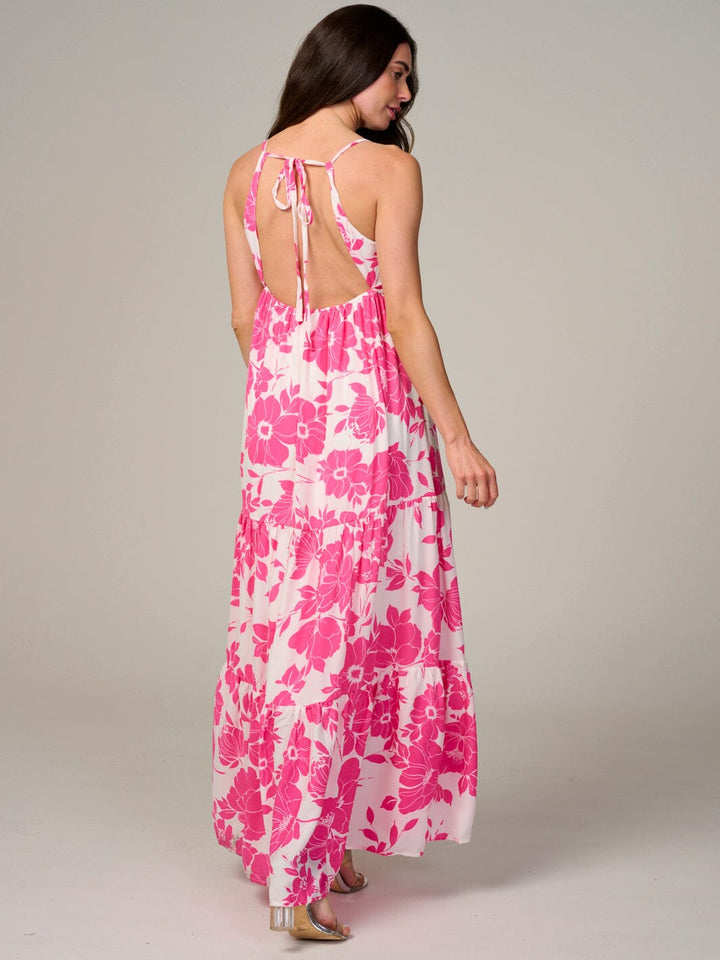 WOMEN'S SLEEVELESS V-NECK TIERED FLORAL MAXI DRESS