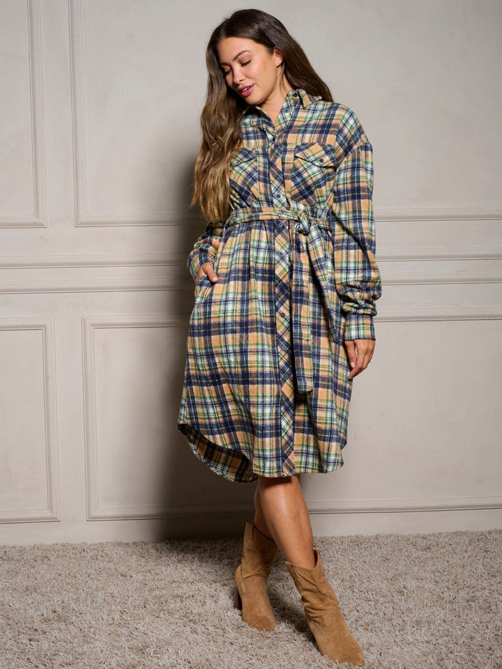 WOMEN'S LONG SLEEVE BUTTON UP SELF TIE PLAID MIDI DRESS