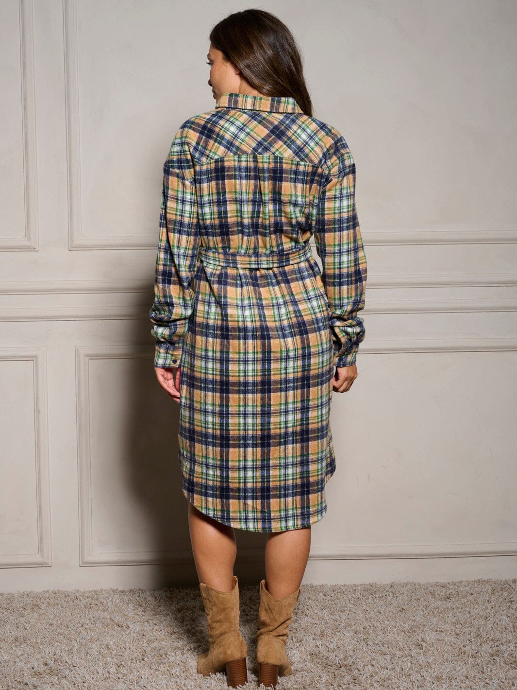 WOMEN'S LONG SLEEVE BUTTON UP SELF TIE PLAID MIDI DRESS