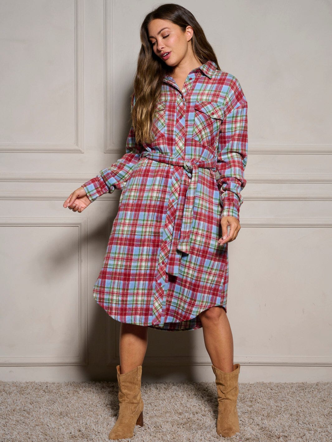 WOMEN'S LONG SLEEVE BUTTON UP SELF TIE PLAID MIDI DRESS