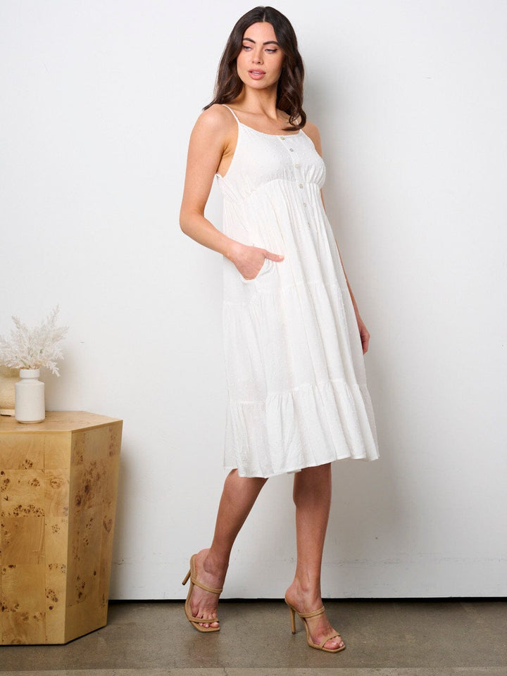 WOMEN'S SLEEVELESS TIERED SWISS DOTS MIDI DRESS