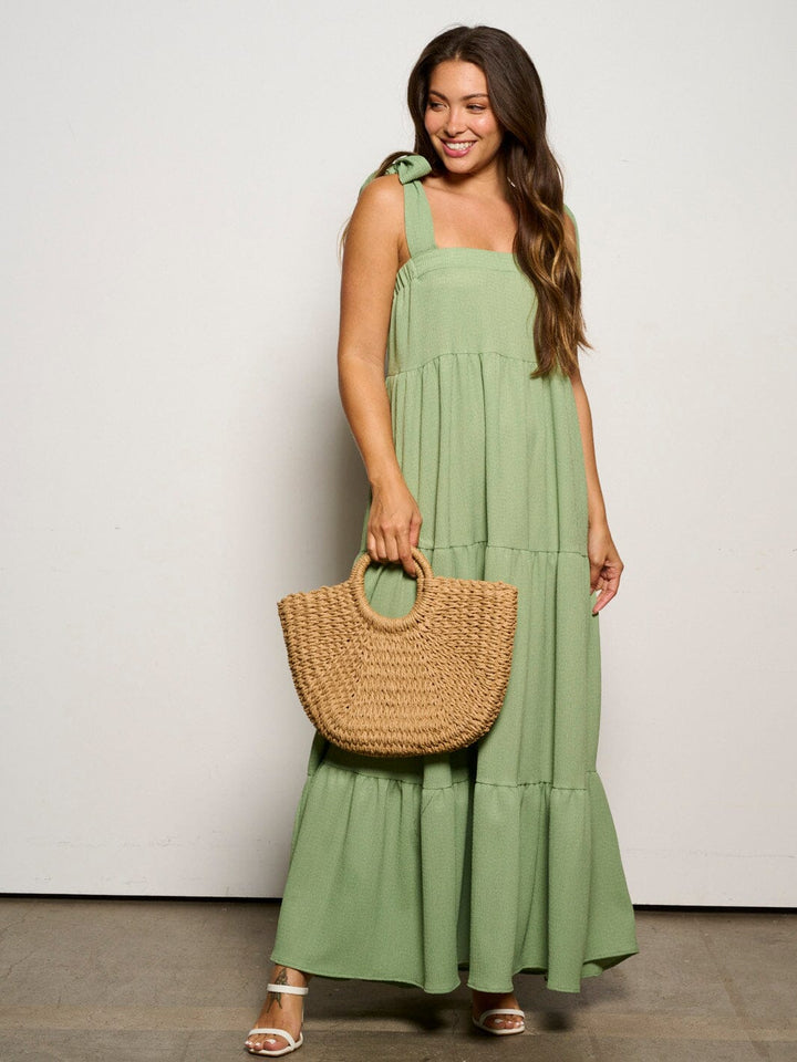 WOMEN'S SLEEVELESS ADJUSTABLE STRAPS POCKETS TIERED MAXI DRESS