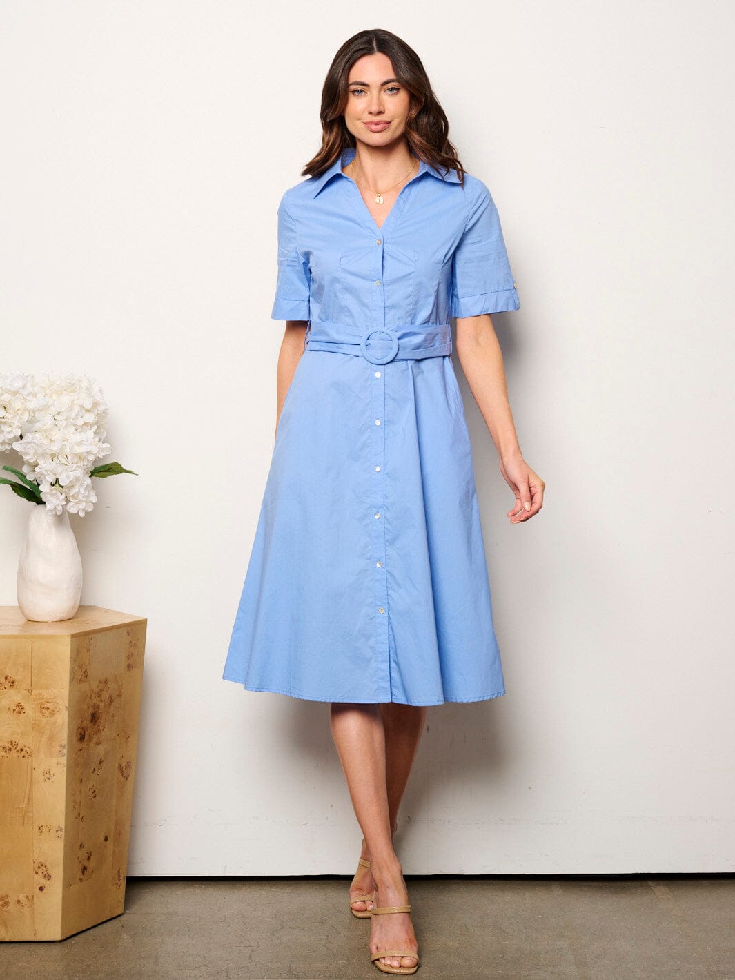 WOMEN'S SHORT SLEEVE BUTTON UP MIDI DRESS