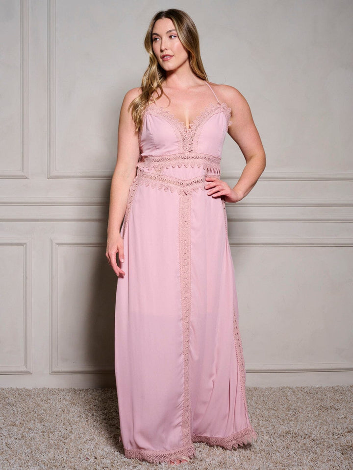 PLUS SIZE SLEEVELESS V-NECK TRIM DETAILED OPEN BACK MAXI DRESS