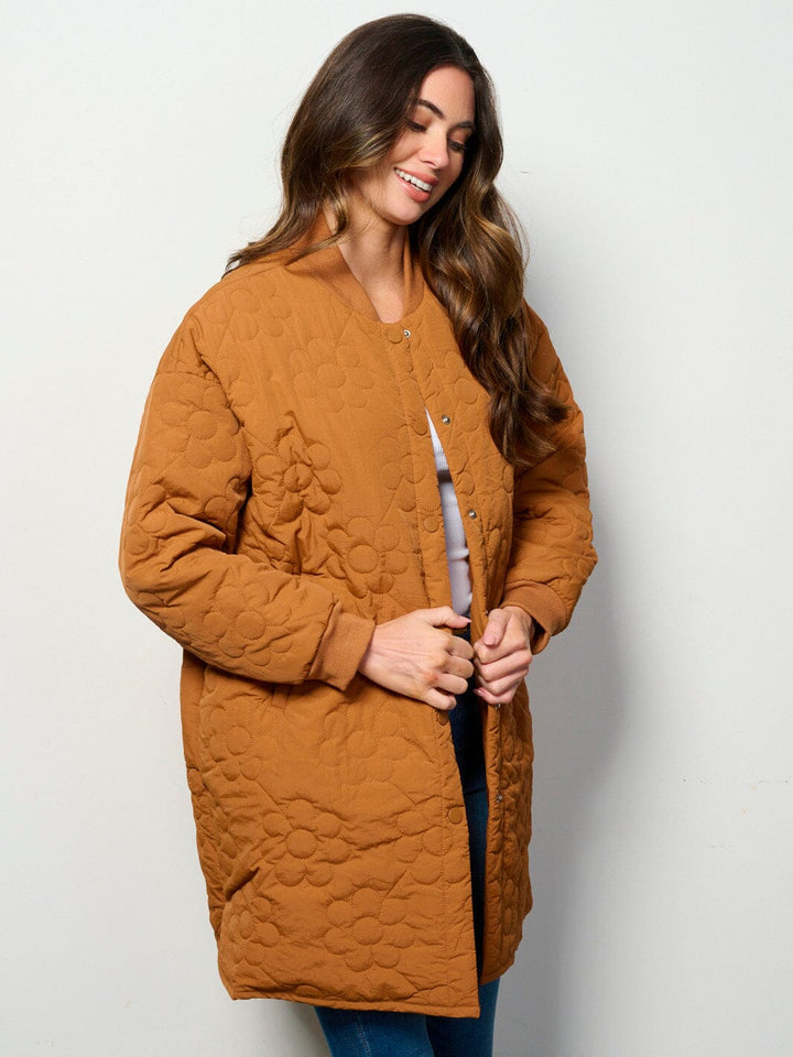 WOMEN'S LONG SLEEVE BUTTON UP FRONT POCKETS FLOWERS PADDED COAT