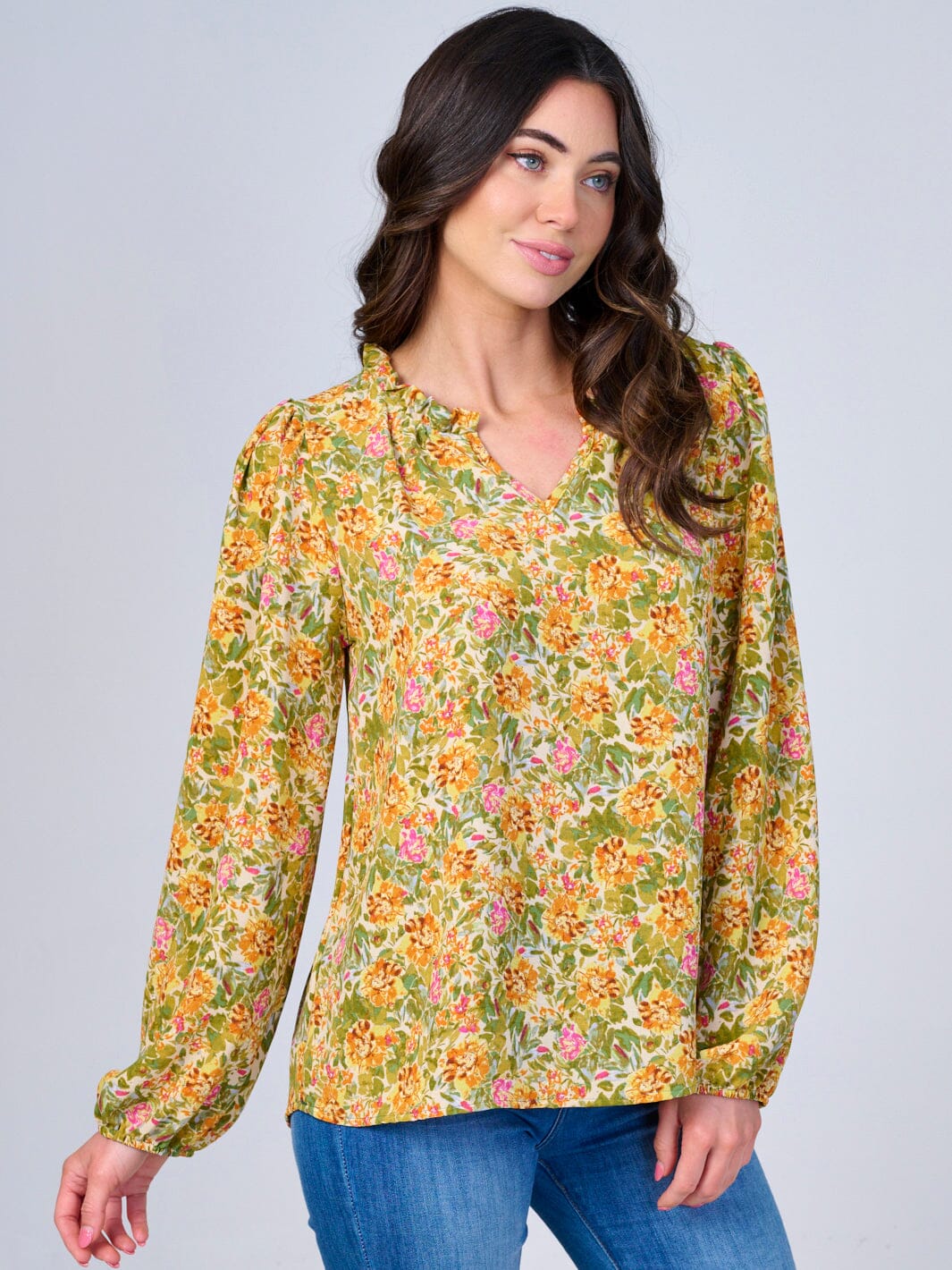 WOMEN'S LONG SLEEVES V-NECK FLORAL PRINT BLOUSE