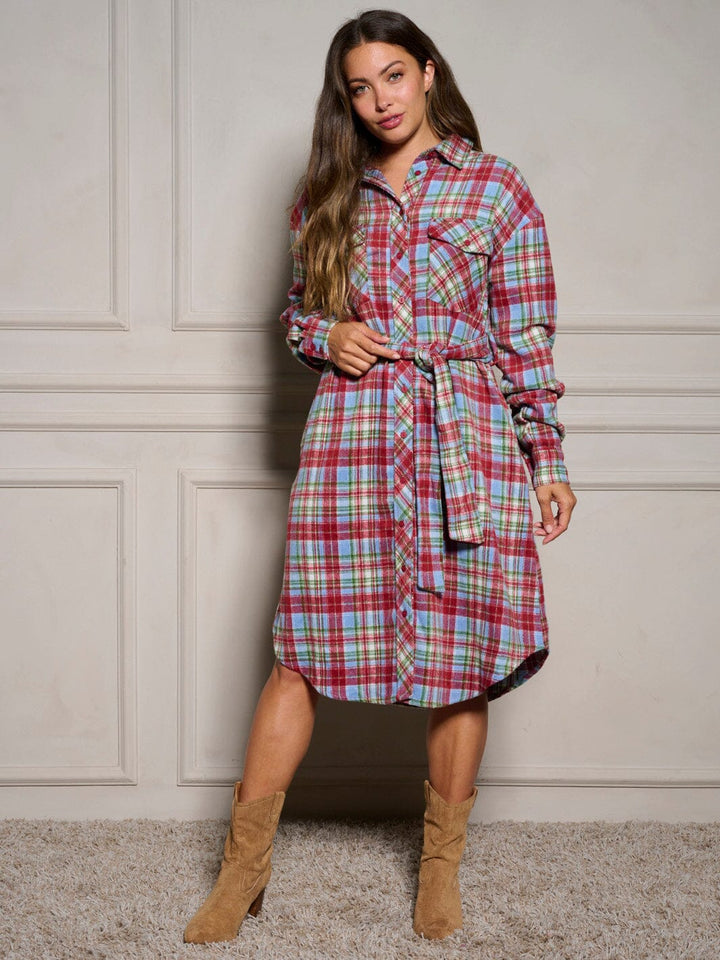 WOMEN'S LONG SLEEVE BUTTON UP SELF TIE PLAID MIDI DRESS