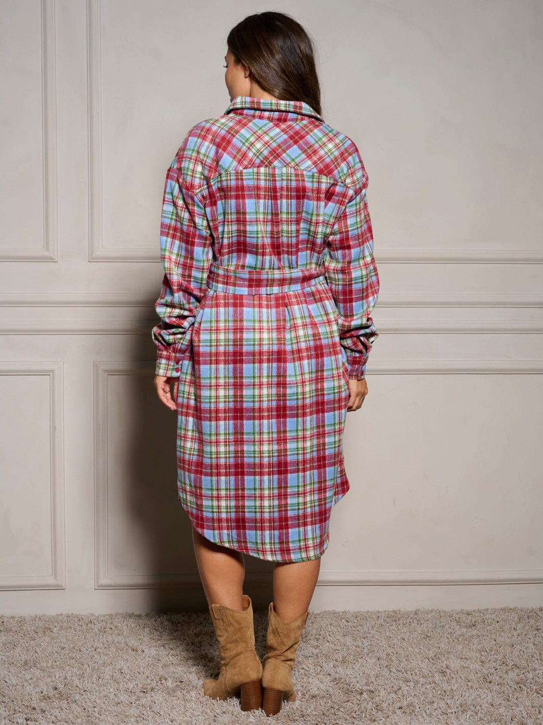 WOMEN'S LONG SLEEVE BUTTON UP SELF TIE PLAID MIDI DRESS