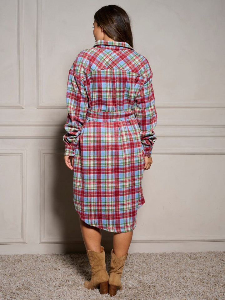 WOMEN'S LONG SLEEVE BUTTON UP SELF TIE PLAID MIDI DRESS
