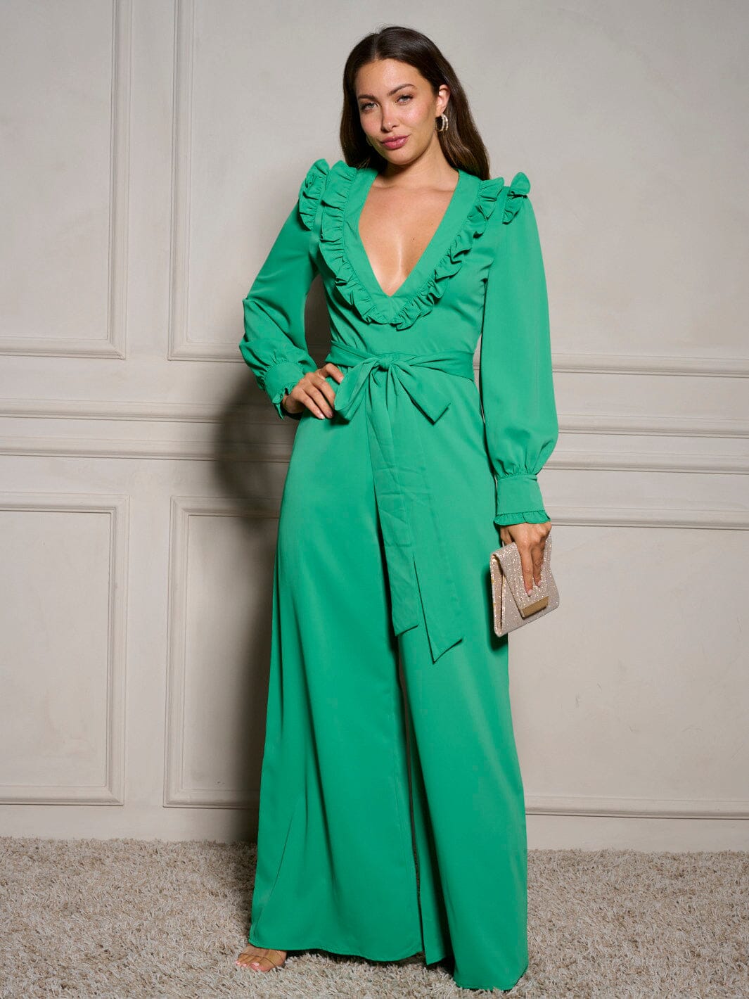 WOMEN'S LONG SLEEVE V-NECK RUFFLE SELF TIE WIDE LEG JUMPSUIT