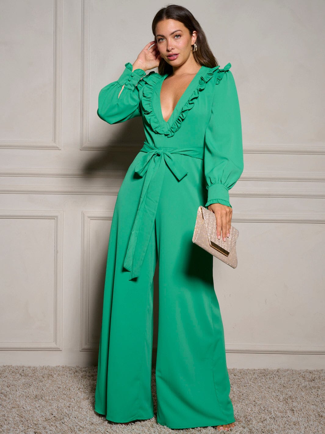 WOMEN'S LONG SLEEVE V-NECK RUFFLE SELF TIE WIDE LEG JUMPSUIT