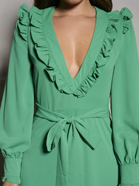 WOMEN'S LONG SLEEVE V-NECK RUFFLE SELF TIE WIDE LEG JUMPSUIT