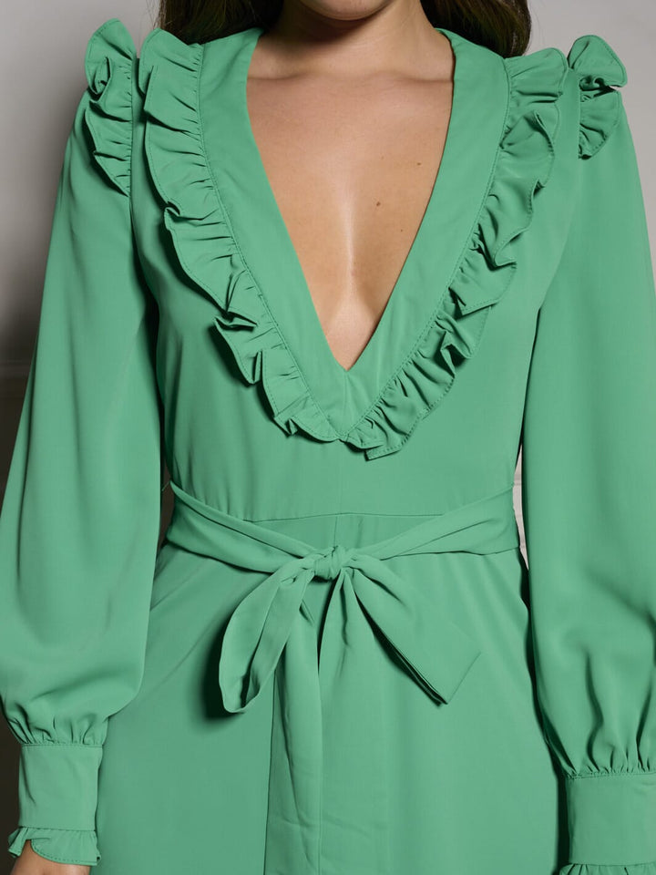 WOMEN'S LONG SLEEVE V-NECK RUFFLE SELF TIE WIDE LEG JUMPSUIT