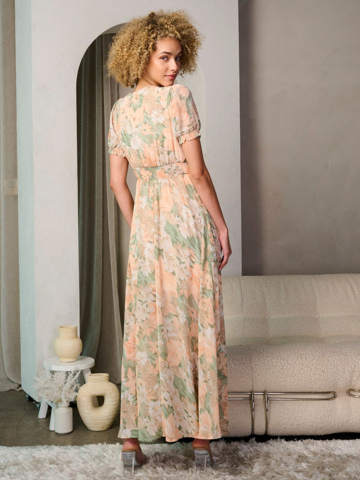WOMEN'S SHORT PUFF SLEEVES V-NECK FLORAL MAXI DRESS