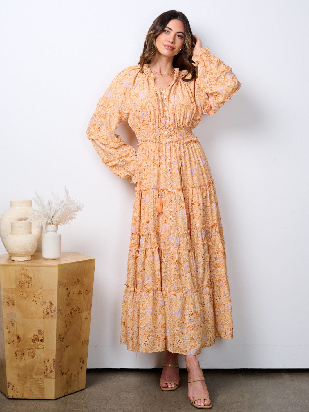 WOMEN'S LONG SLEEVE SMOCK WAIST FLORAL DETAILED MAXI DRESS