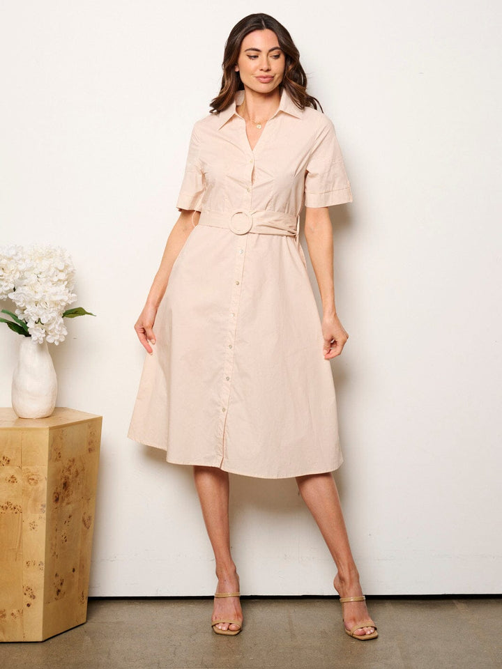 WOMEN'S SHORT SLEEVE BUTTON UP MIDI DRESS
