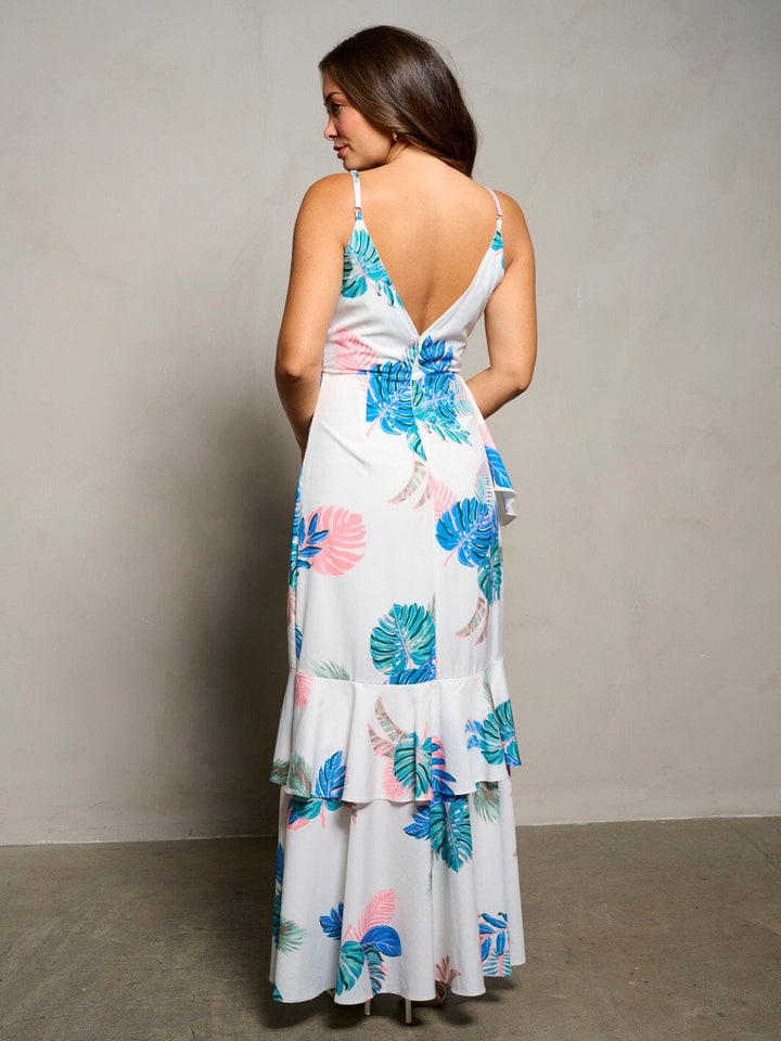 WOMEN'S SLEEVELESS V-NECK RUFFLE HIGH LOW LEAF PRINT MAXI DRESS