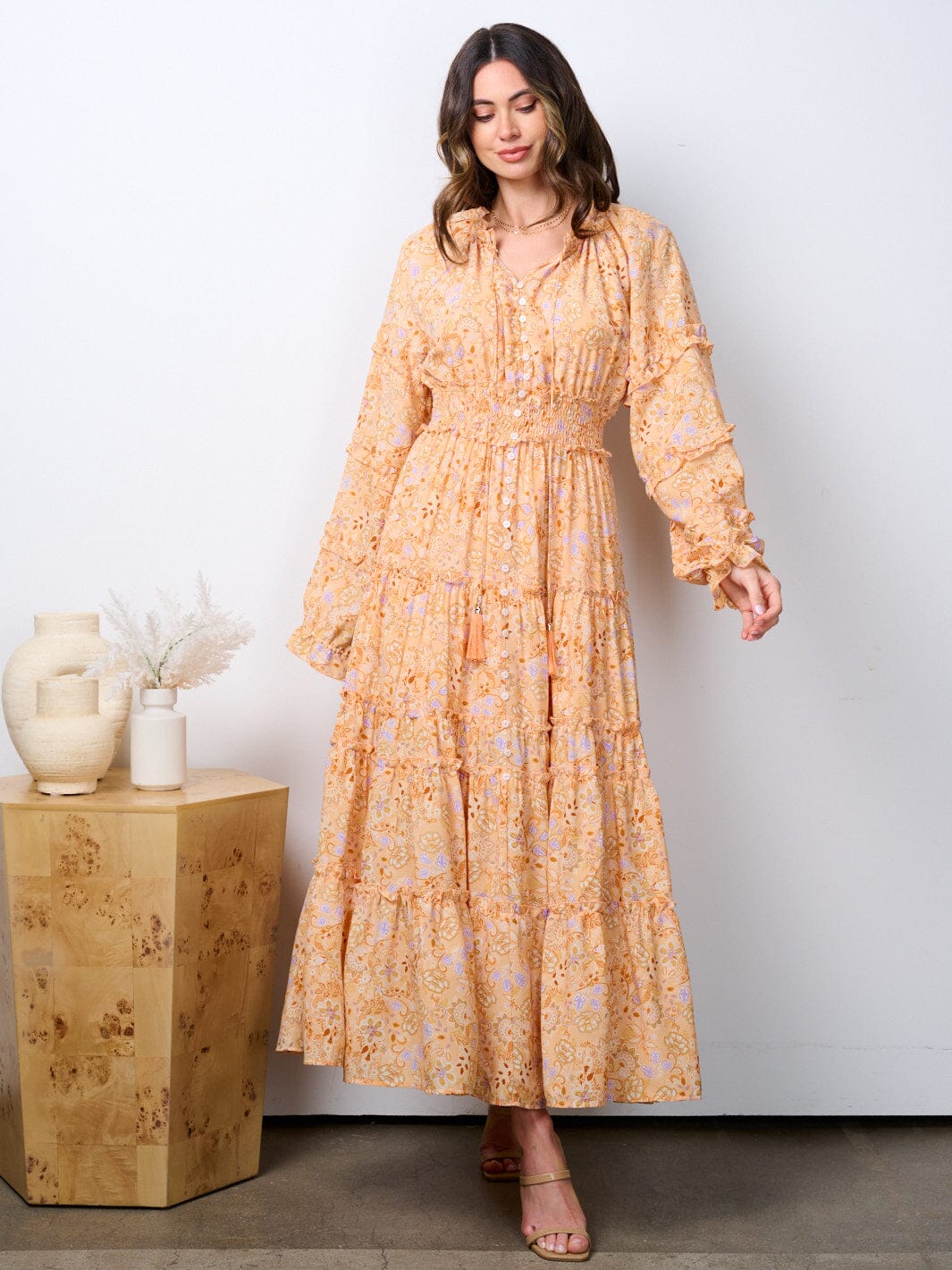 WOMEN'S LONG SLEEVE SMOCK WAIST FLORAL DETAILED MAXI DRESS
