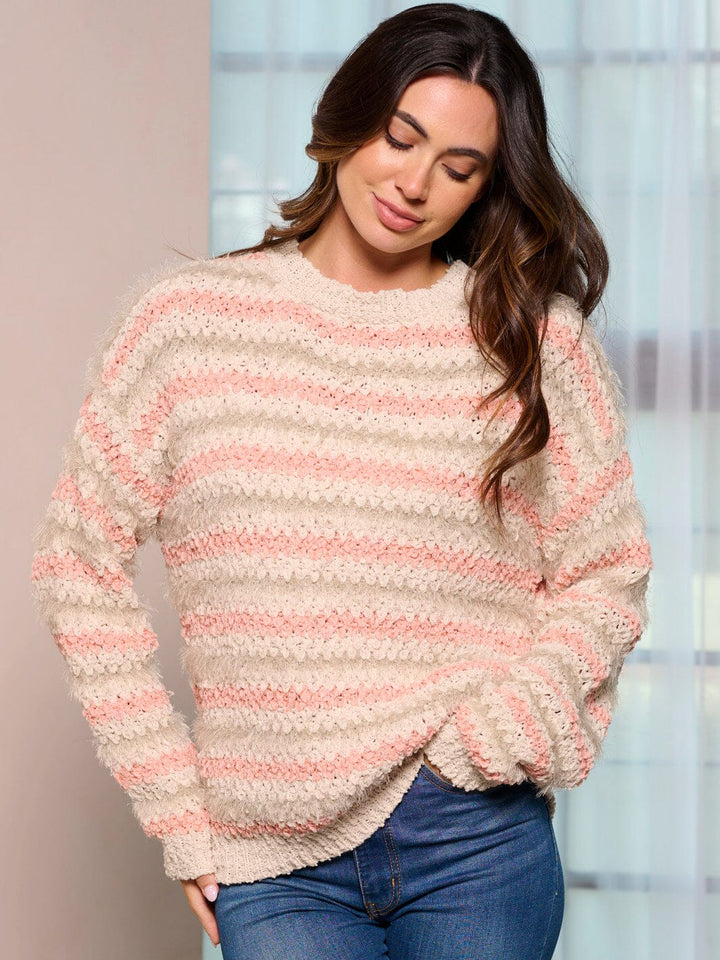 WOMEN'S LONG SLEEVE COLORBLOCK FUZZY STRIPES PULLOVER SWEATER