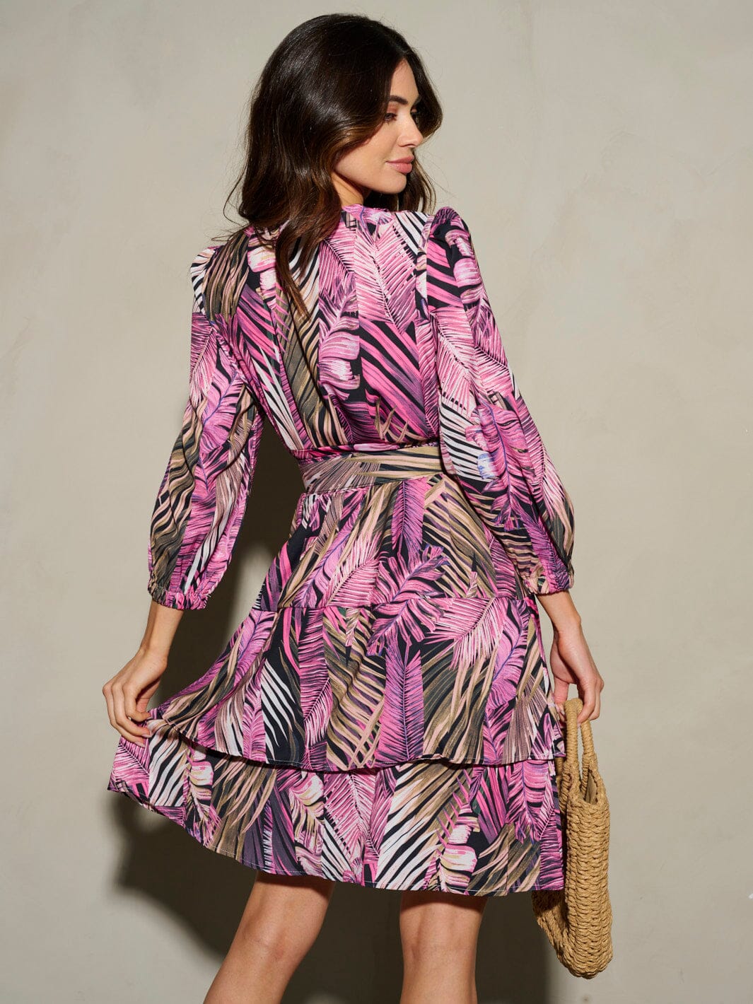 WOMEN'S LONG SLEEVE SURPLICE RUFFLE MULTI PRINT MINI DRESS