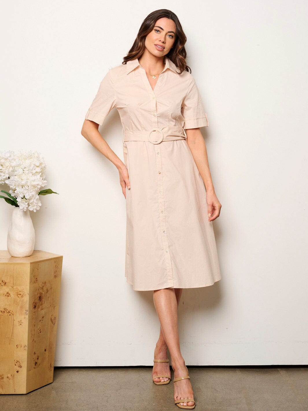 WOMEN'S SHORT SLEEVE BUTTON UP MIDI DRESS