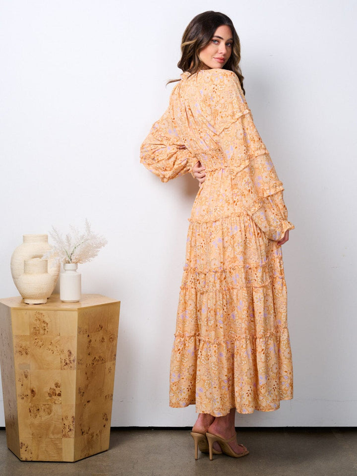 WOMEN'S LONG SLEEVE SMOCK WAIST FLORAL DETAILED MAXI DRESS