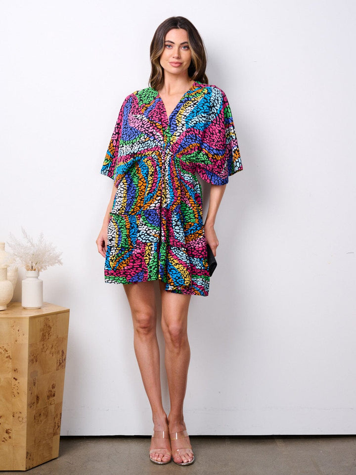 WOMEN'S SHORT SLEEVE V-NECK ANIMAL PRINT MINI DRESS