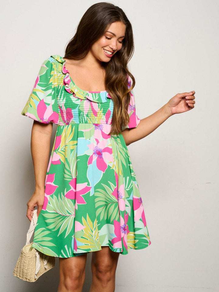 WOMEN'S SHORT PUFF SLEEVE SMOCK FLORAL MINI DRESS