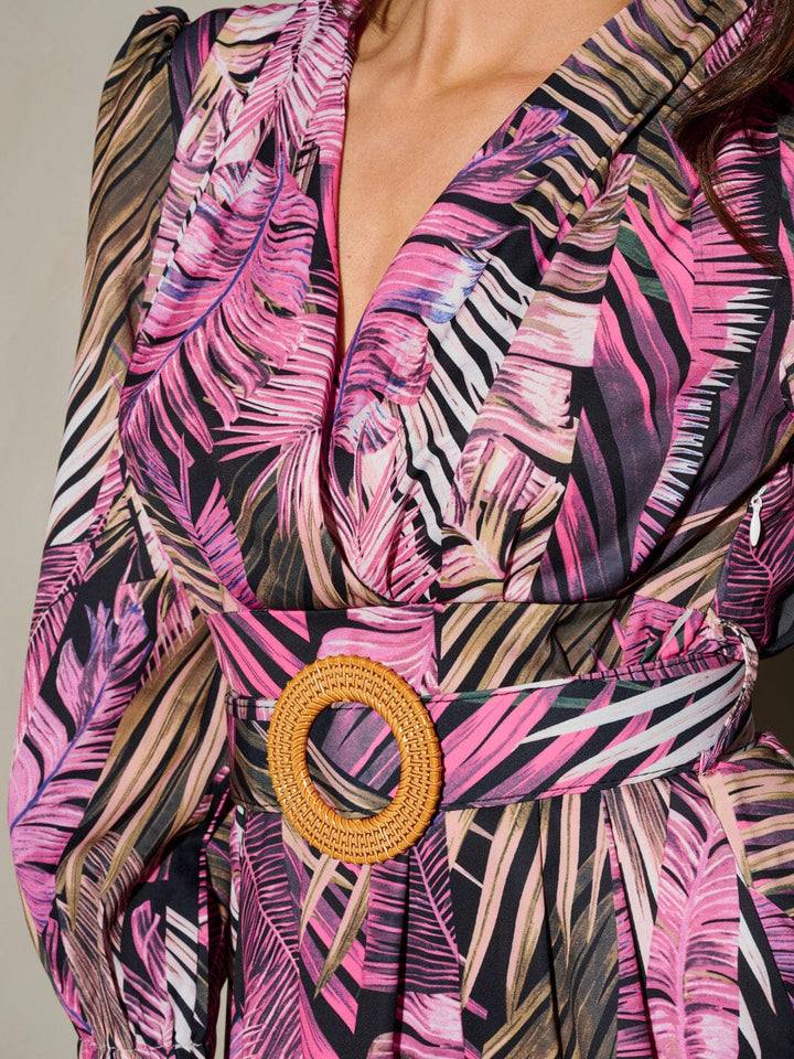 WOMEN'S LONG SLEEVE SURPLICE RUFFLE MULTI PRINT MINI DRESS