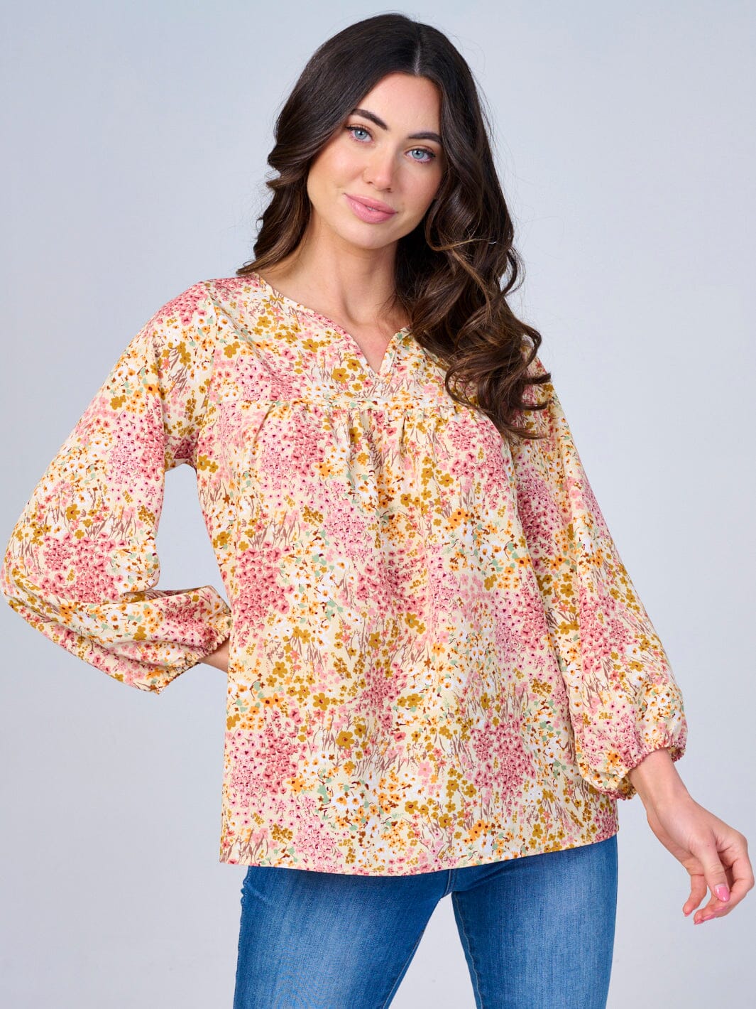WOMEN'S LONG SLEEVES V-NECK FLORAL BLOUSE