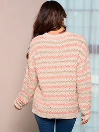 WOMEN'S LONG SLEEVE COLORBLOCK FUZZY STRIPES PULLOVER SWEATER