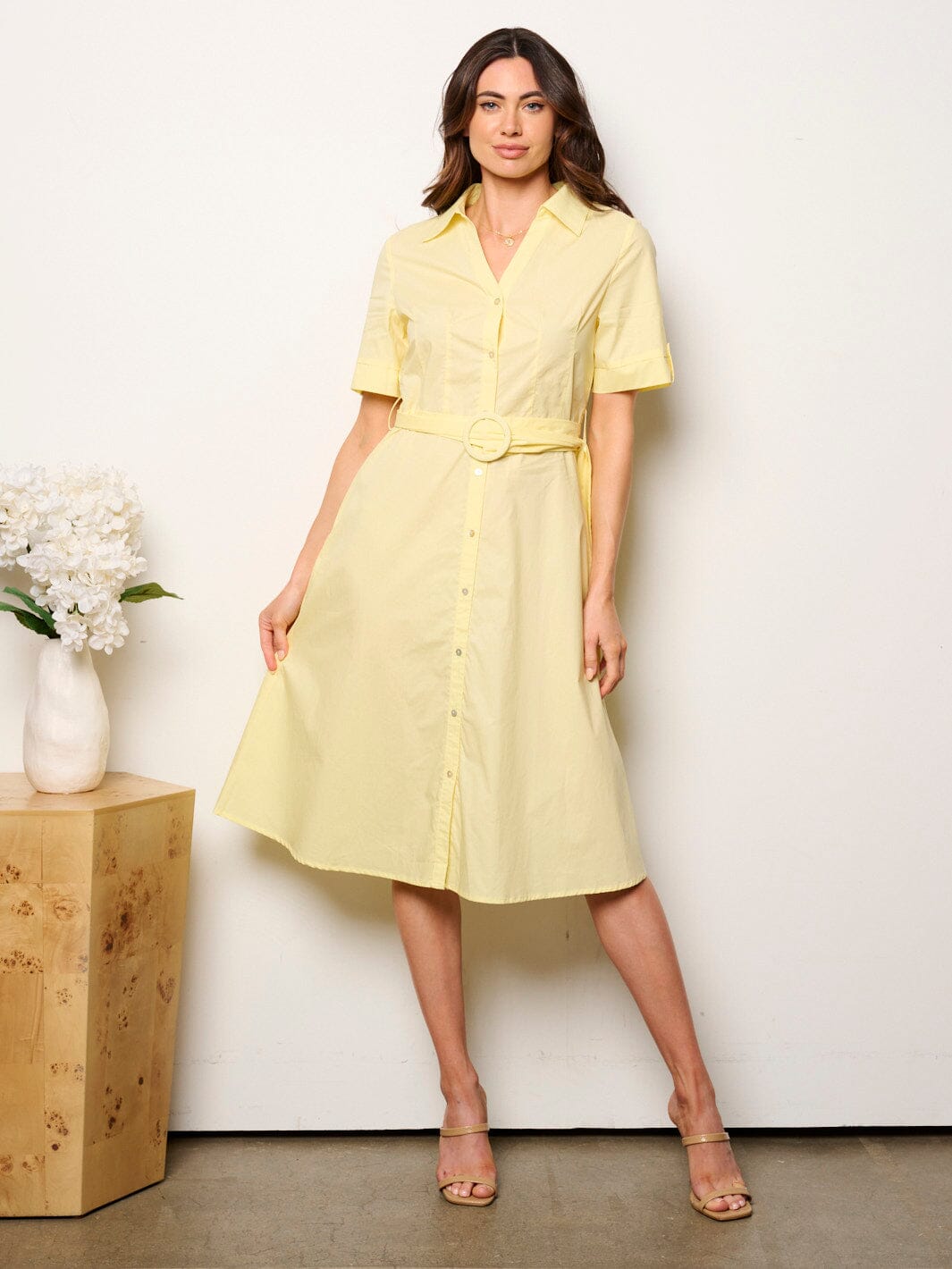 WOMEN'S SHORT SLEEVE BUTTON UP MIDI DRESS