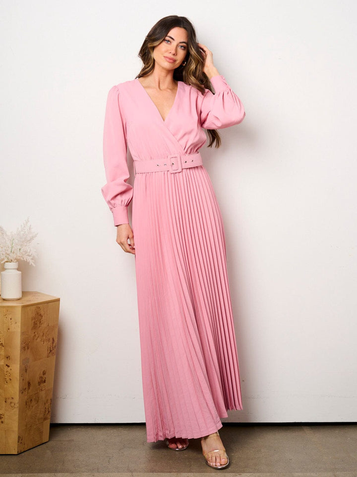 WOMEN'S LONG SLEEVE SURPLICE PLEATED BELTED MAXI DRESS