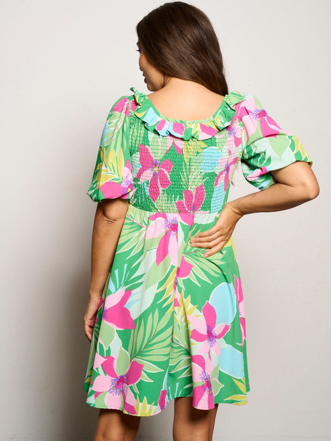 WOMEN'S SHORT PUFF SLEEVE SMOCK FLORAL MINI DRESS