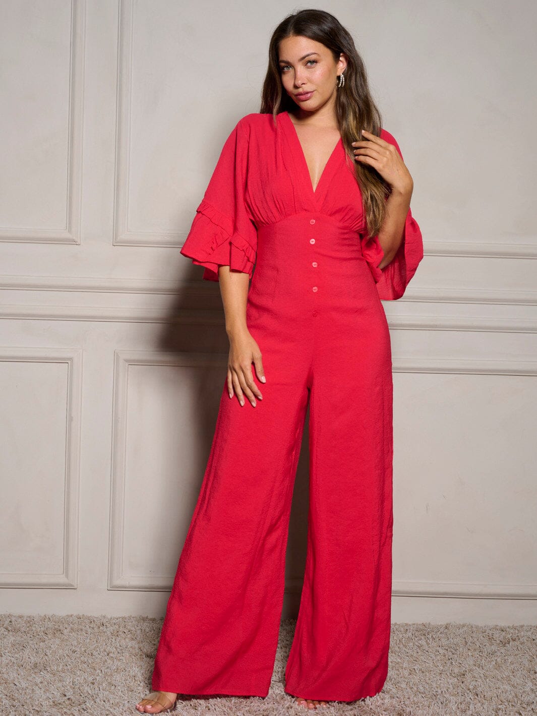 WOMEN'S SHORT SLEEVE V-NECK RUFFLE WIDE LEG JUMPSUIT