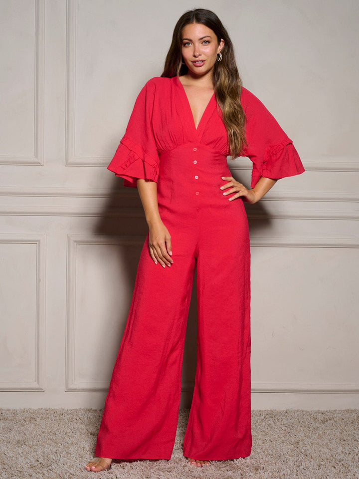 WOMEN'S SHORT SLEEVE V-NECK RUFFLE WIDE LEG JUMPSUIT
